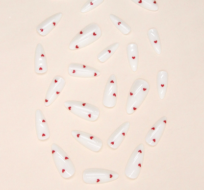 Valentines Long Almond Press On Nails Romantic Minimalist Red Heart 24pcs Nail Box