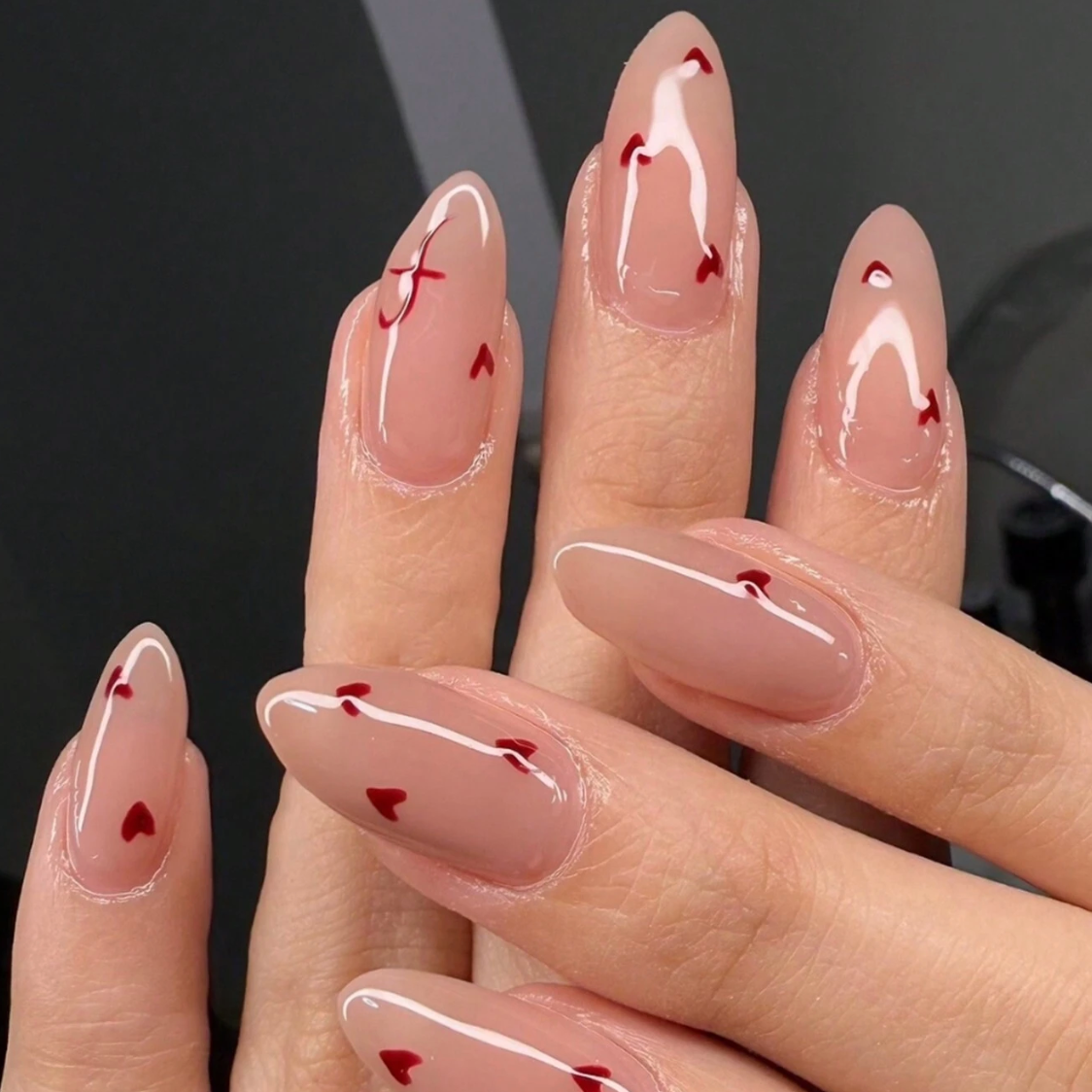 Valentines Long Almond Press On Nails Romantic Minimalist Red Heart 24pcs Nail Box
