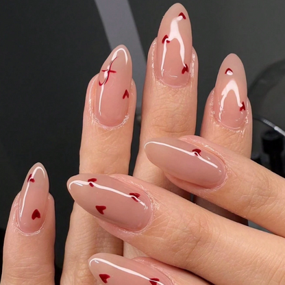 Valentines Long Almond Press On Nails Romantic Minimalist Red Heart 24pcs Nail Box