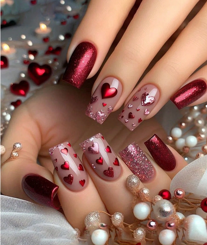 Short Square Red Press On Nails With Glitter Heart Design 24pcs Nail Box