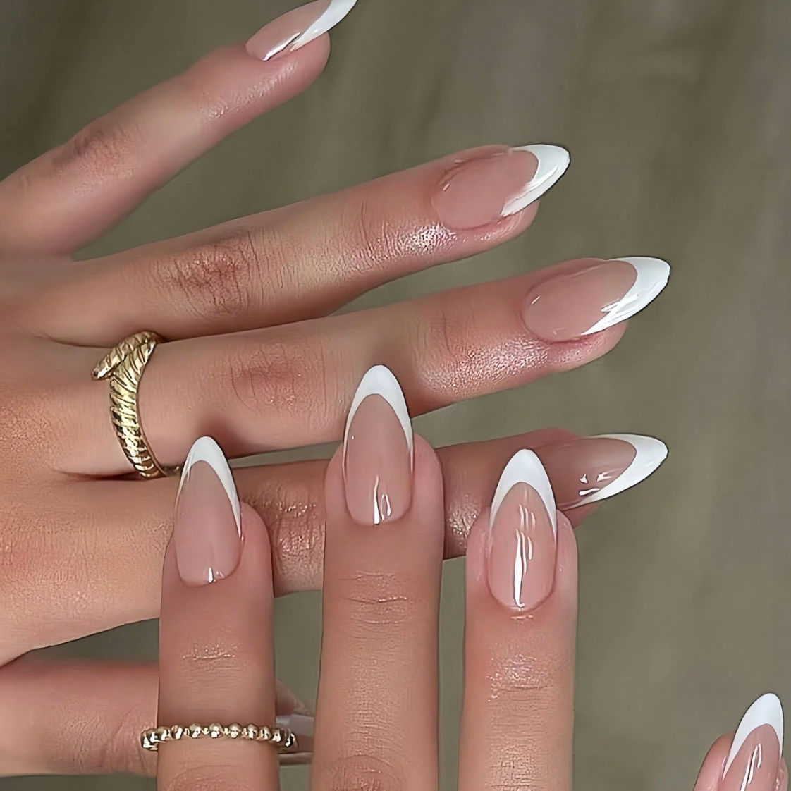 Medium Long Almond White French Press On Nails Full Cover 24pcs Nail Box