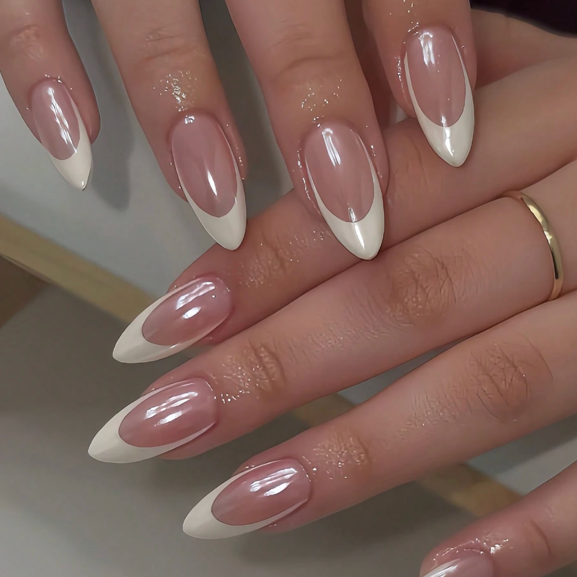 Medium Long Almond White French Press On Nails Full Cover 24pcs Nail Box