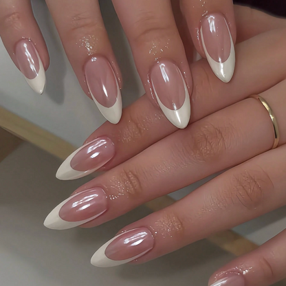 Medium Long Almond White French Press On Nails Full Cover 24pcs Nail Box