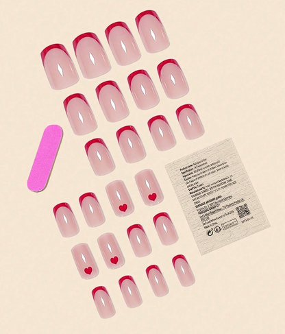 Flat Head Red French Press On Nails With Heart Design 24pcs Nail Box