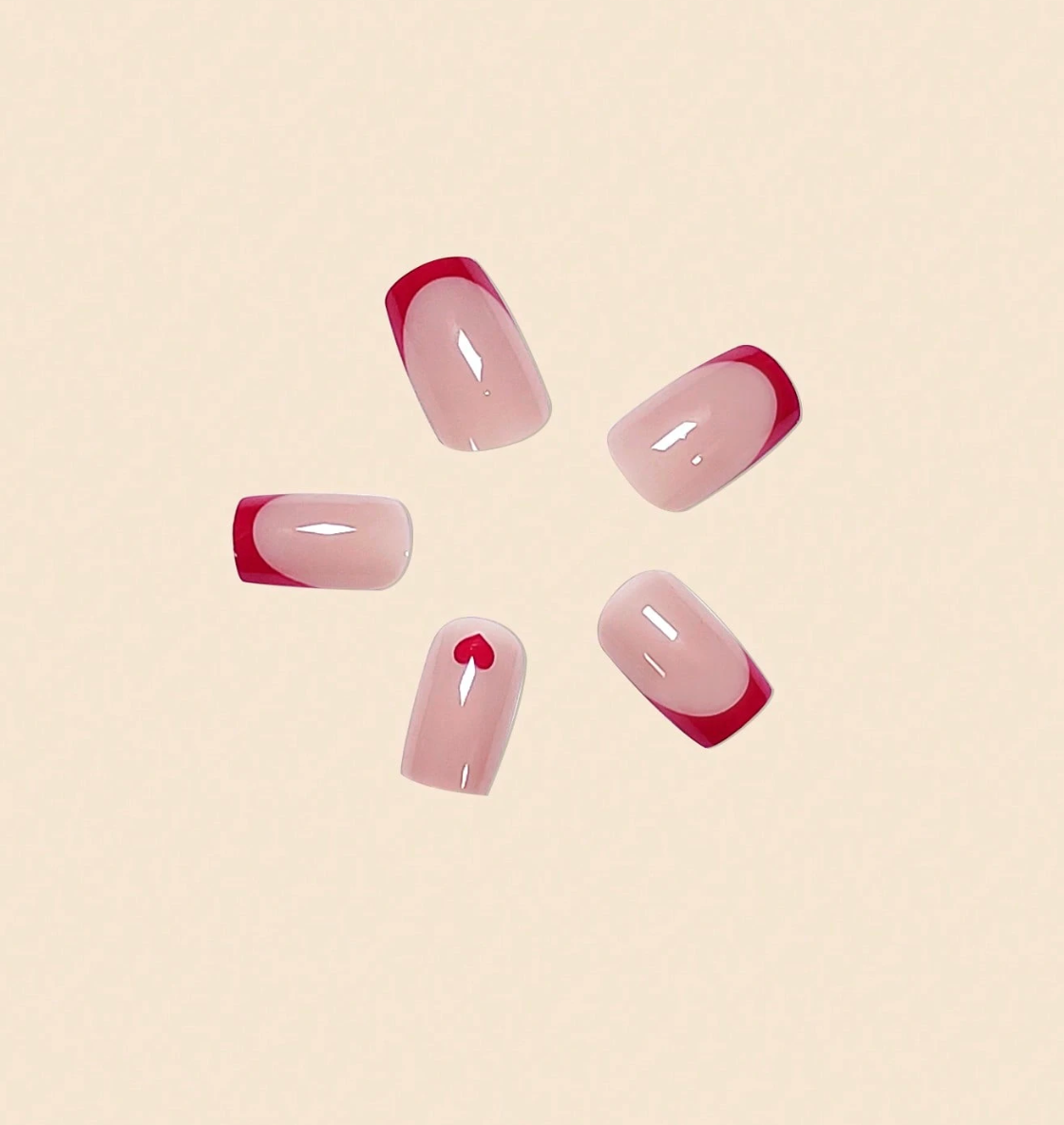 Flat Head Red French Press On Nails With Heart Design 24pcs Nail Box