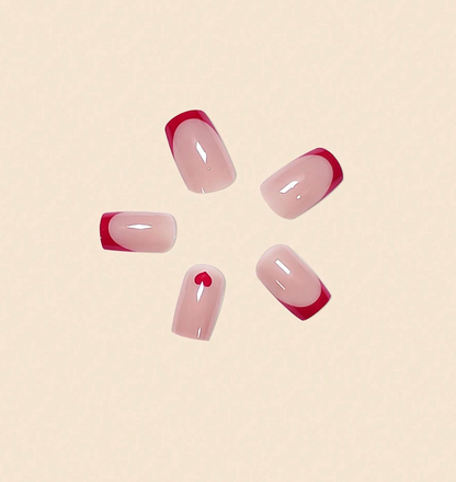 Flat Head Red French Press On Nails With Heart Design 24pcs Nail Box