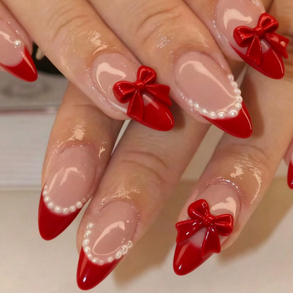 Black Almond Press On Nails With 3D Bowknot And Pearl 24pcs Nail Box