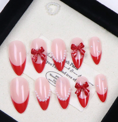 Black Almond Press On Nails With 3D Bowknot And Pearl 24pcs Nail Box