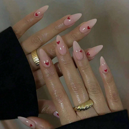 Almond Press On Nails With Cute Red Heart Pattern Medium Length 24pcs Nail Box
