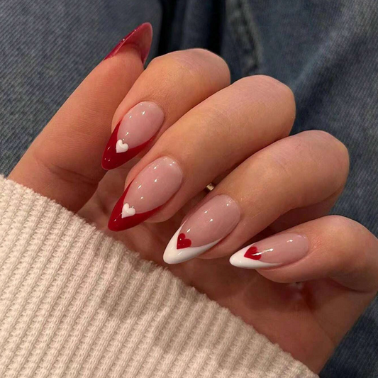 Almond Press On Nails With Cute Red Heart Pattern Medium Length 24pcs Nail Box