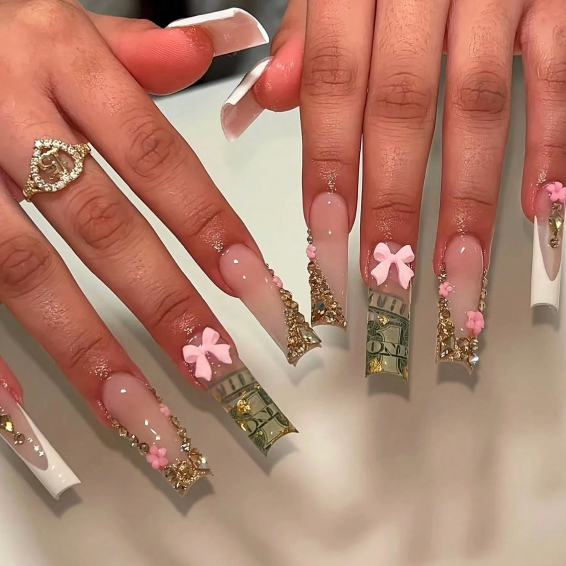 Leopard Print Press On Nails with 3D Flowers Gold Stars and Cherry Design 24pcs Nail Box