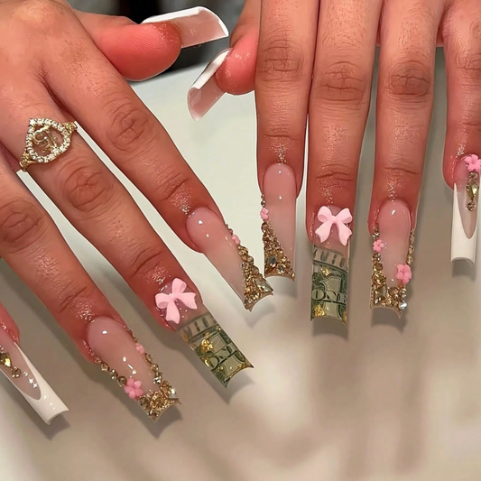 Leopard Print Press On Nails with 3D Flowers Gold Stars and Cherry Design 24pcs Nail Box