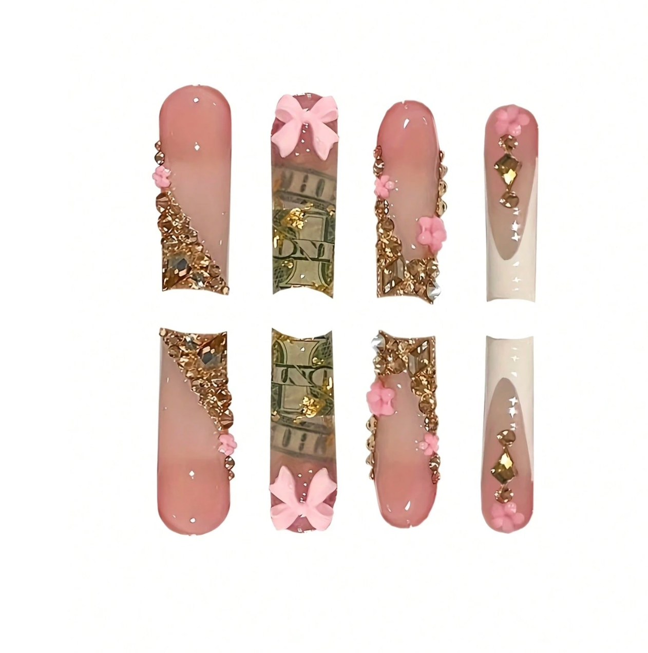 Leopard Print Press On Nails with 3D Flowers Gold Stars and Cherry Design 24pcs Nail Box