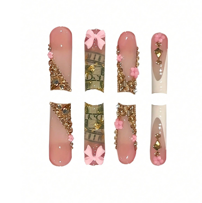 Leopard Print Press On Nails with 3D Flowers Gold Stars and Cherry Design 24pcs Nail Box