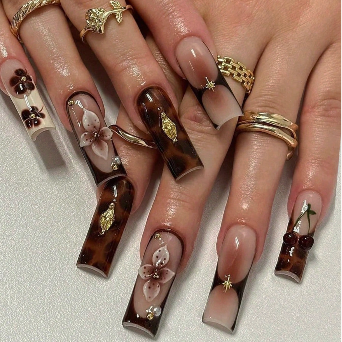 Leopard Print Press On Nails with 3D Flowers Gold Stars and Cherry Design 24pcs Nail Box