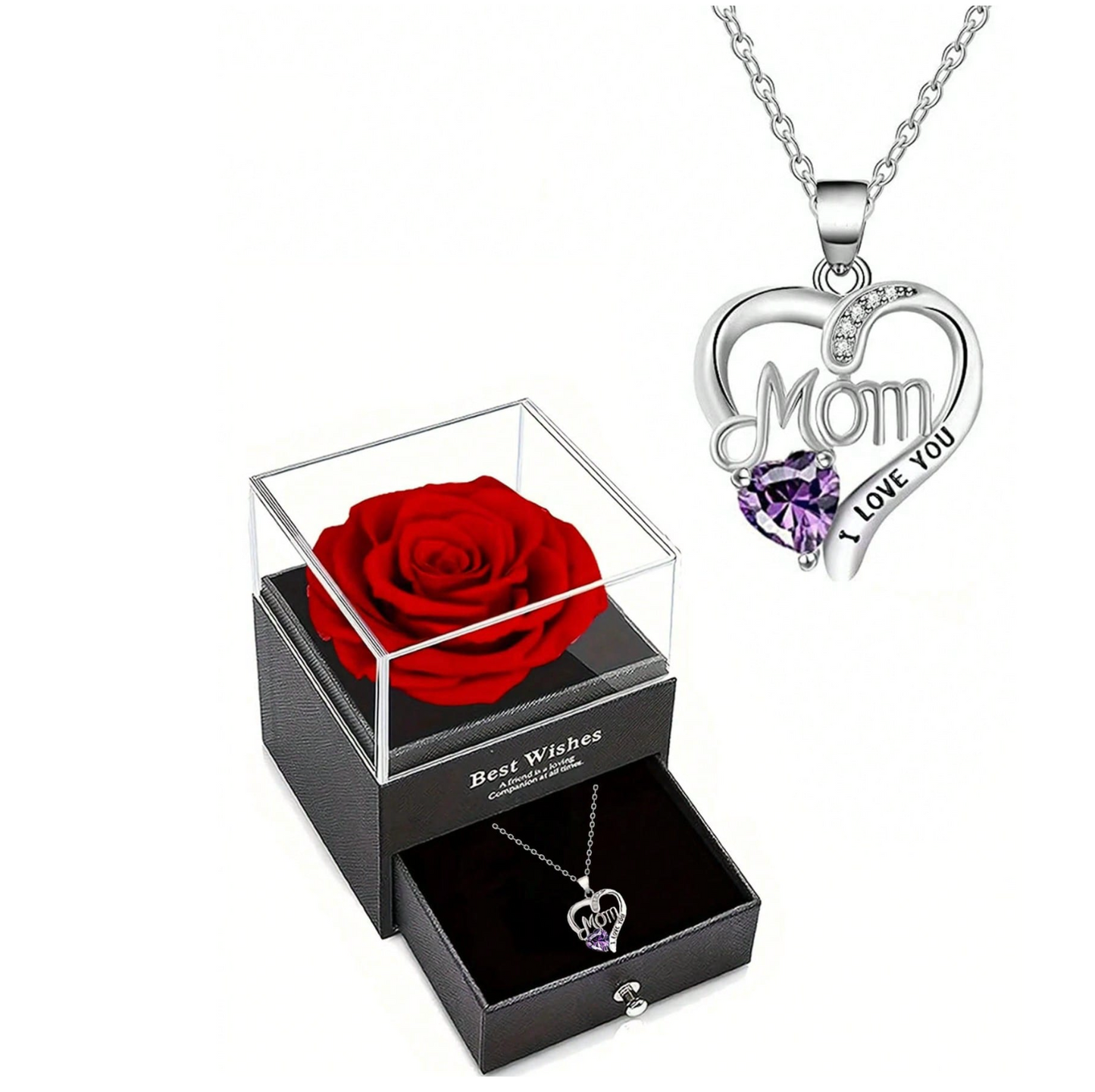 Heart-Shaped “Mom” Rose Pendant Necklace – Luxury Gift Box Set