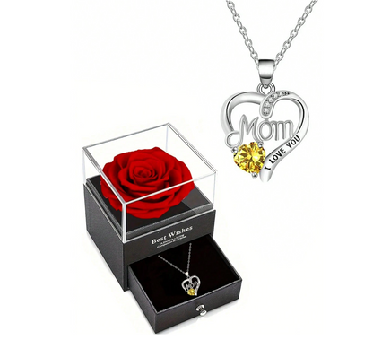 Heart-Shaped “Mom” Rose Pendant Necklace – Luxury Gift Box Set