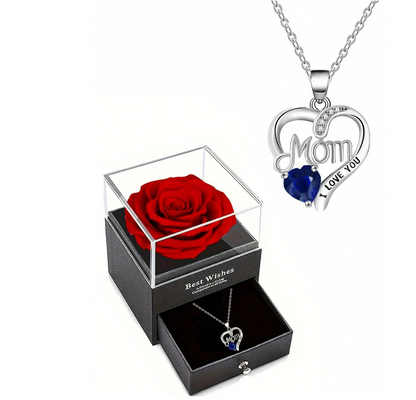 Heart-Shaped “Mom” Rose Pendant Necklace – Luxury Gift Box Set