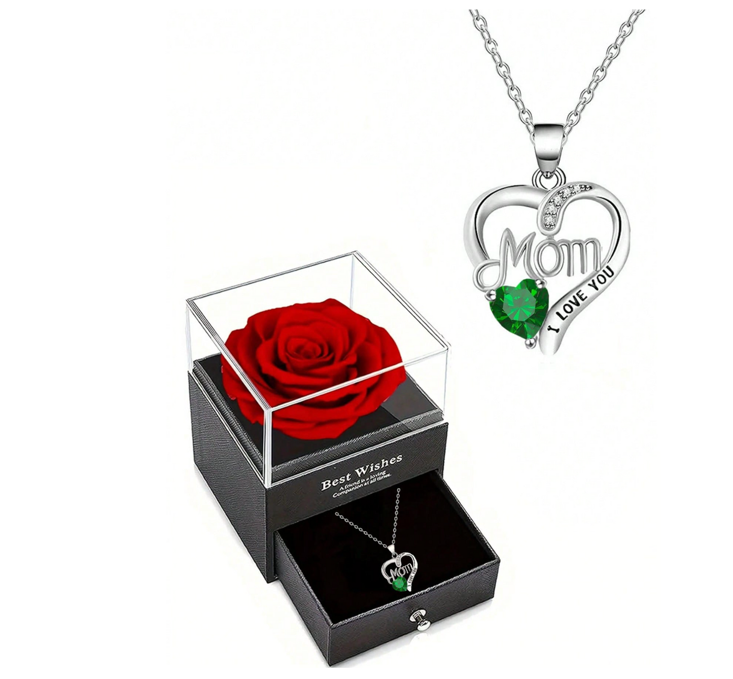 Heart-Shaped “Mom” Rose Pendant Necklace – Luxury Gift Box Set