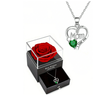 Heart-Shaped “Mom” Rose Pendant Necklace – Luxury Gift Box Set