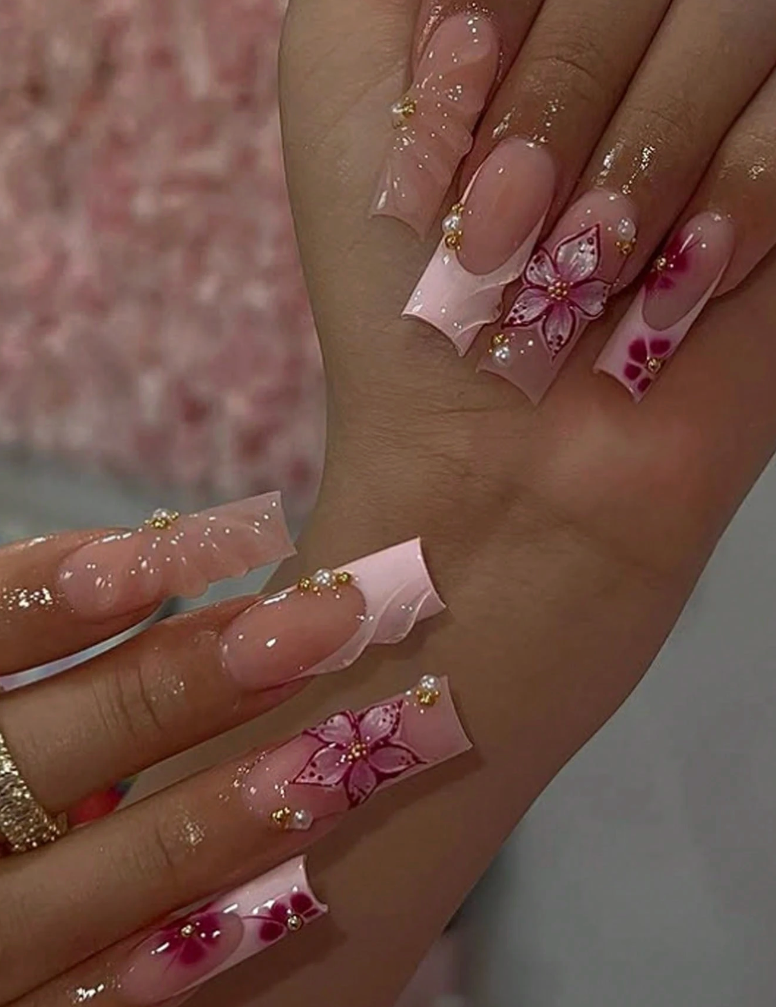Long Square Press On Nails 3D Floral Star Moon Pearl Design 24pcs Nail Box