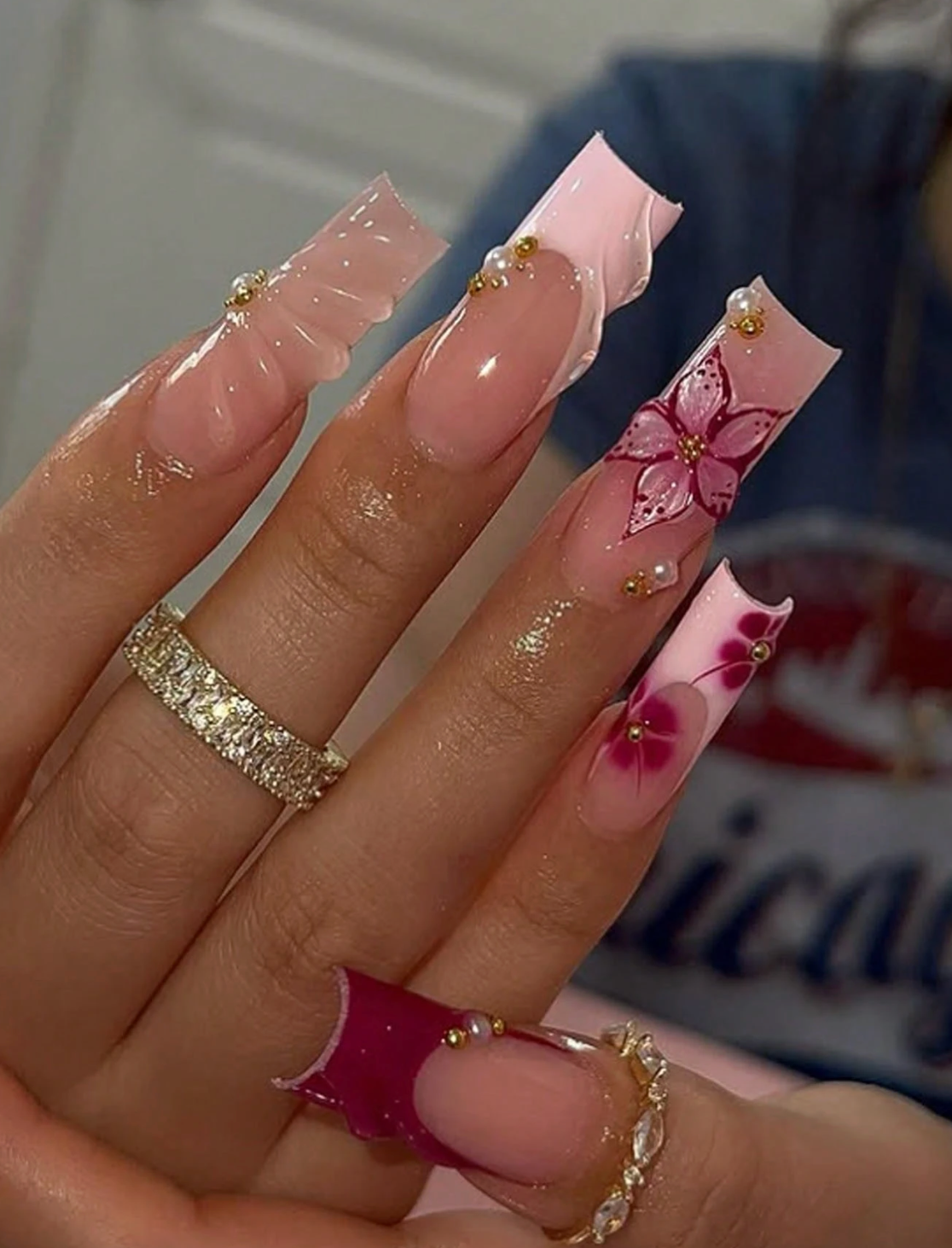 Long Square Press On Nails 3D Floral Star Moon Pearl Design 24pcs Nail Box