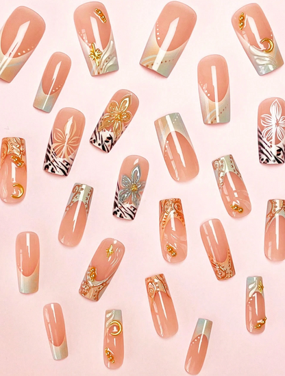 Long Square Press On Nails 3D Floral Star Moon Pearl Design 24pcs Nail Box