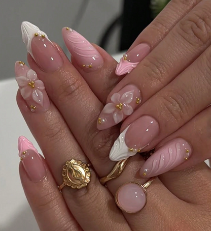 Glitter Almond Press On Nails Gradient 3D Shell Starfish Flower Pearl Design 24pcs Nail Box