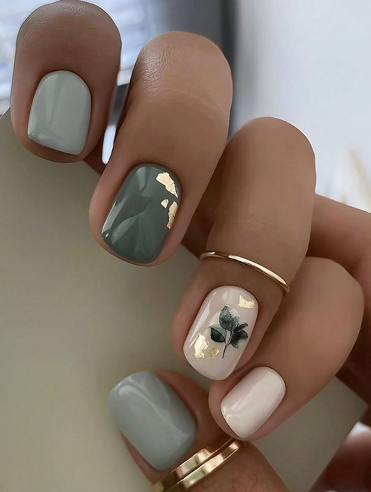 Square Press On Nails Jade White Matte With Navy Leaf Gold Foil Design 24pcs Nail Box