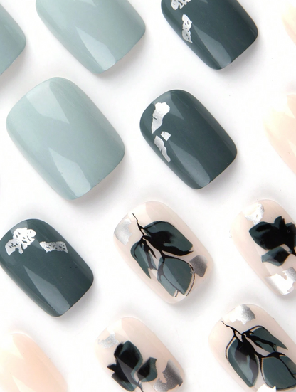 Square Press On Nails Jade White Matte With Navy Leaf Gold Foil Design 24pcs Nail Box