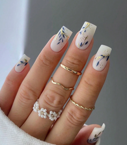 Square Press On Nails Jade White Matte With Navy Leaf Gold Foil Design 24pcs Nail Box