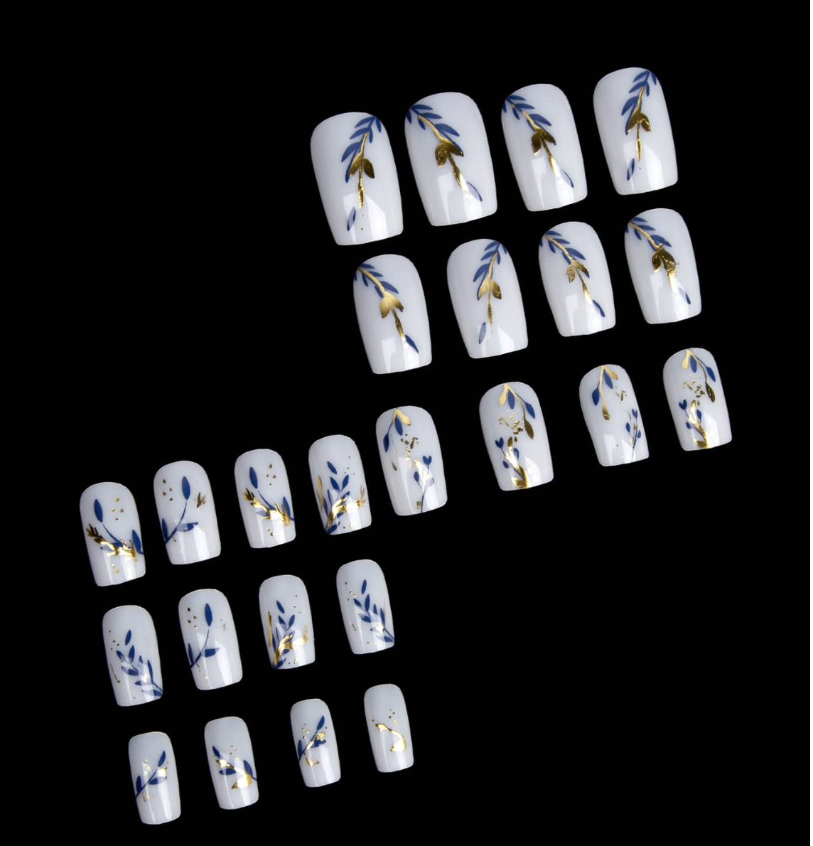 Square Press On Nails Jade White Matte With Navy Leaf Gold Foil Design 24pcs Nail Box