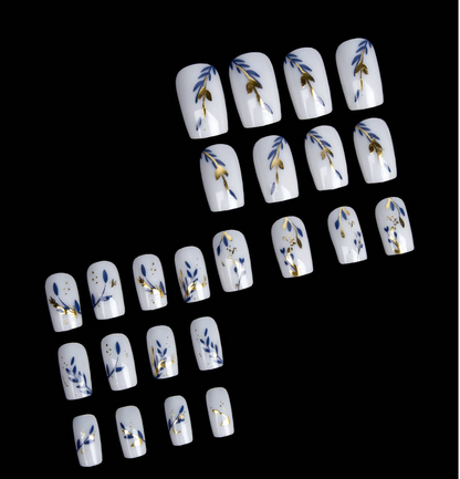 Square Press On Nails Jade White Matte With Navy Leaf Gold Foil Design 24pcs Nail Box