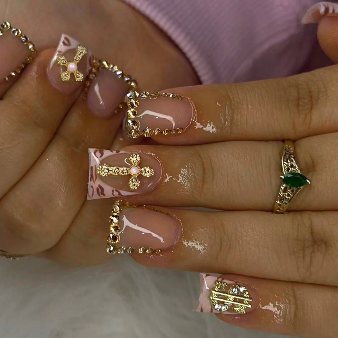 Long Duckbill Press On Nails Star Gradient Leopard Print French Design 24pcs Nail Box