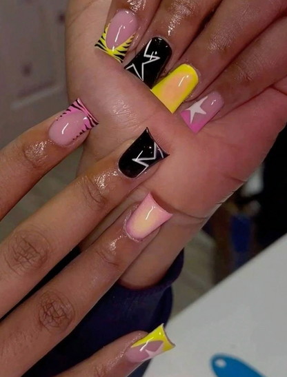 Long Duckbill Press On Nails Star Gradient Leopard Print French Design 24pcs Nail Box
