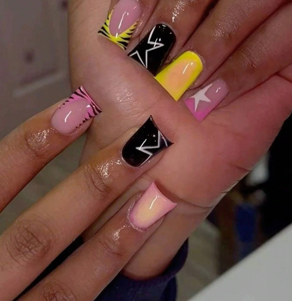Long Duckbill Press On Nails Star Gradient Leopard Print French Design 24pcs Nail Box