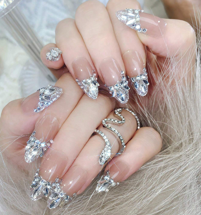 Silver Diamond French Press On Nails Long Almond Sparkle Design 24pcs Nail Box