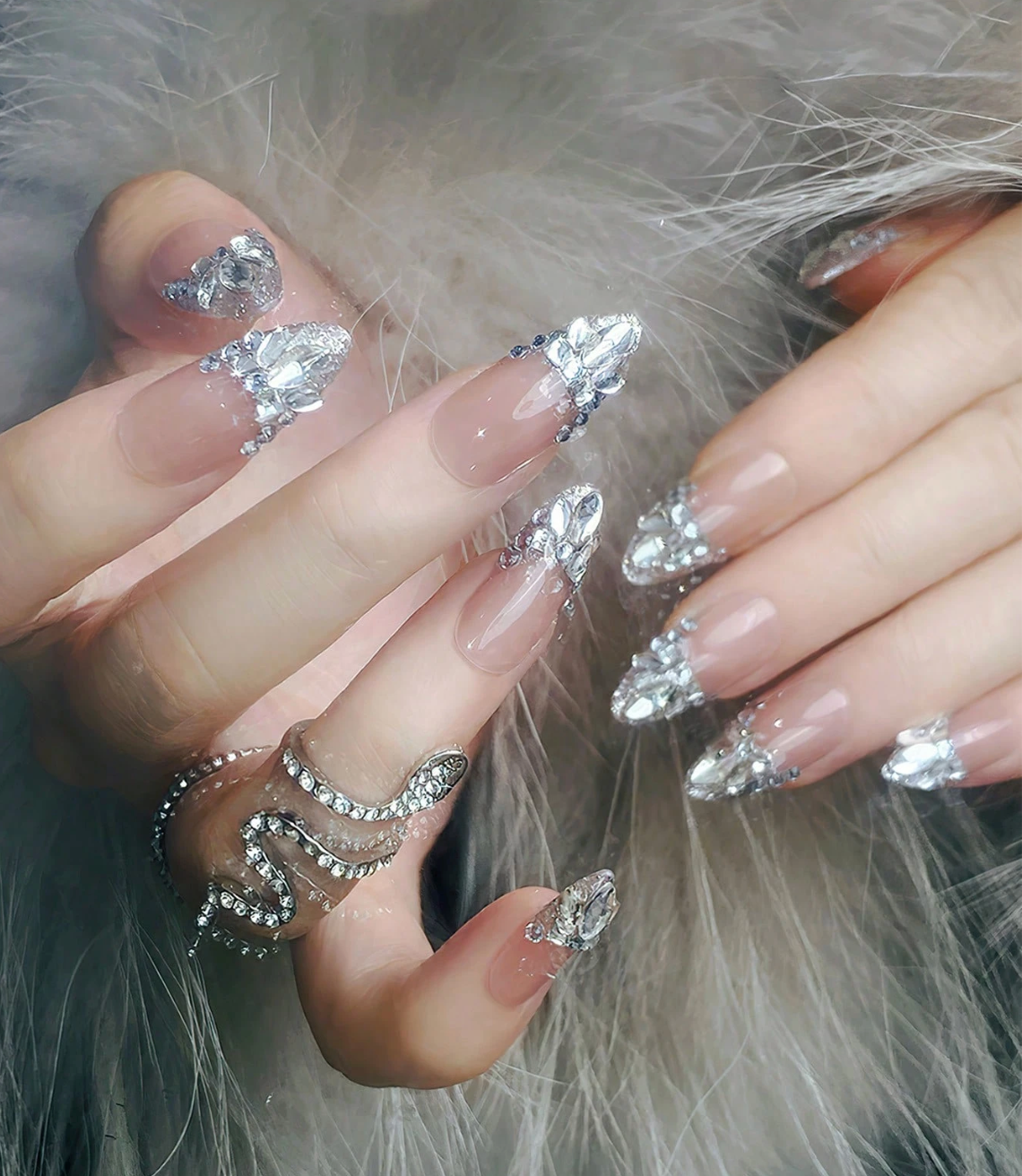 Silver Diamond French Press On Nails Long Almond Sparkle Design 24pcs Nail Box