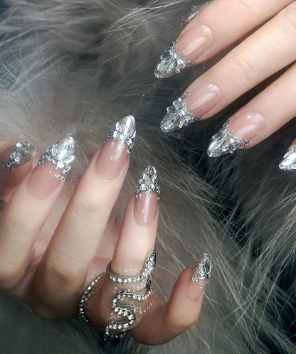 Silver Diamond French Press On Nails Long Almond Sparkle Design 24pcs Nail Box