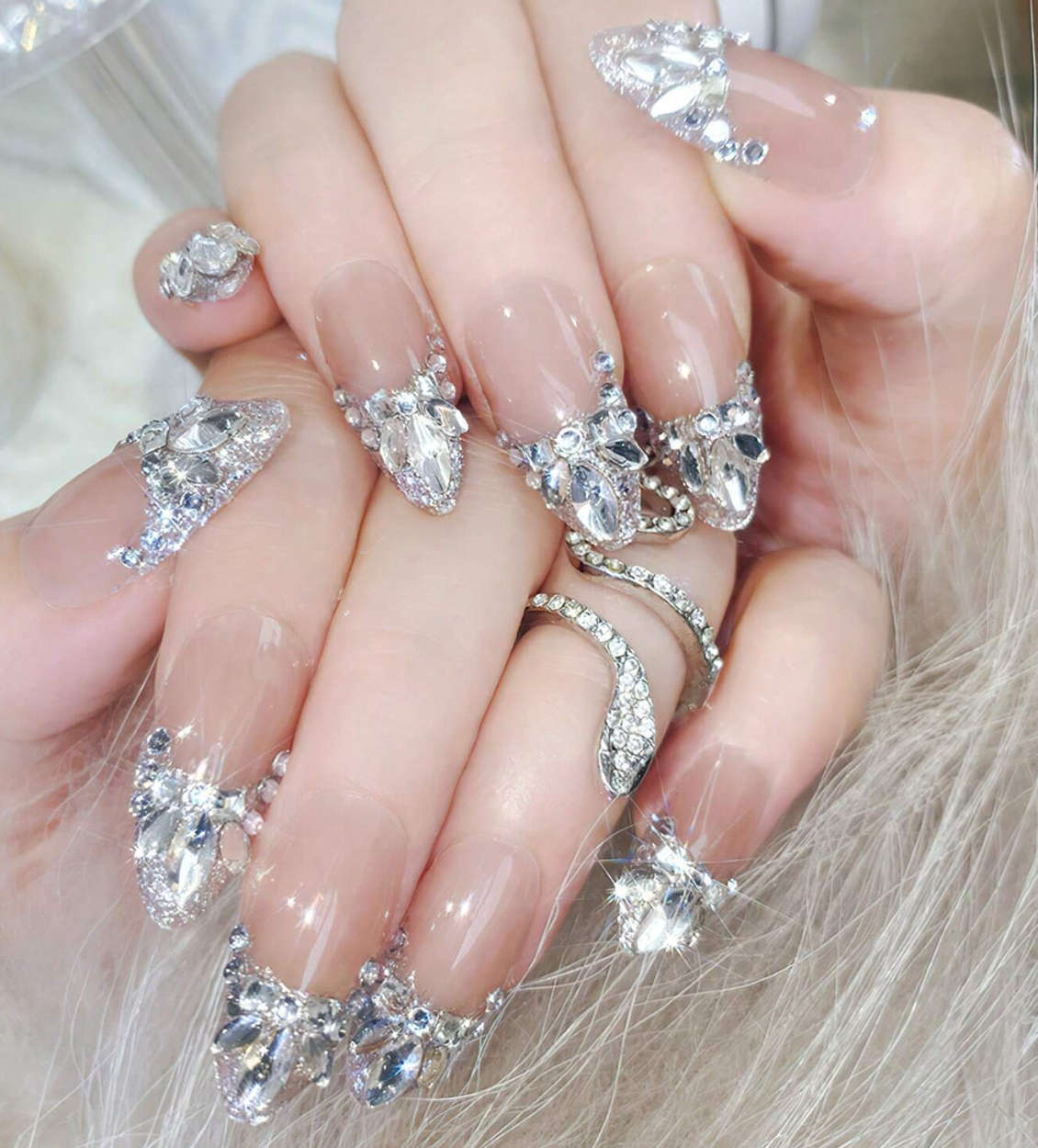 Silver Diamond French Press On Nails Long Almond Sparkle Design 24pcs Nail Box