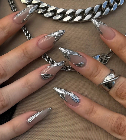 Y2K Silver Cross French Almond Press On Nails With Metal Line Crystal Design 24pcs Nail Box
