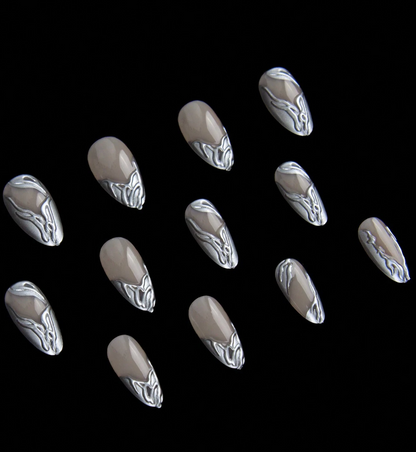 Y2K Silver Cross French Almond Press On Nails With Metal Line Crystal Design 24pcs Nail Box