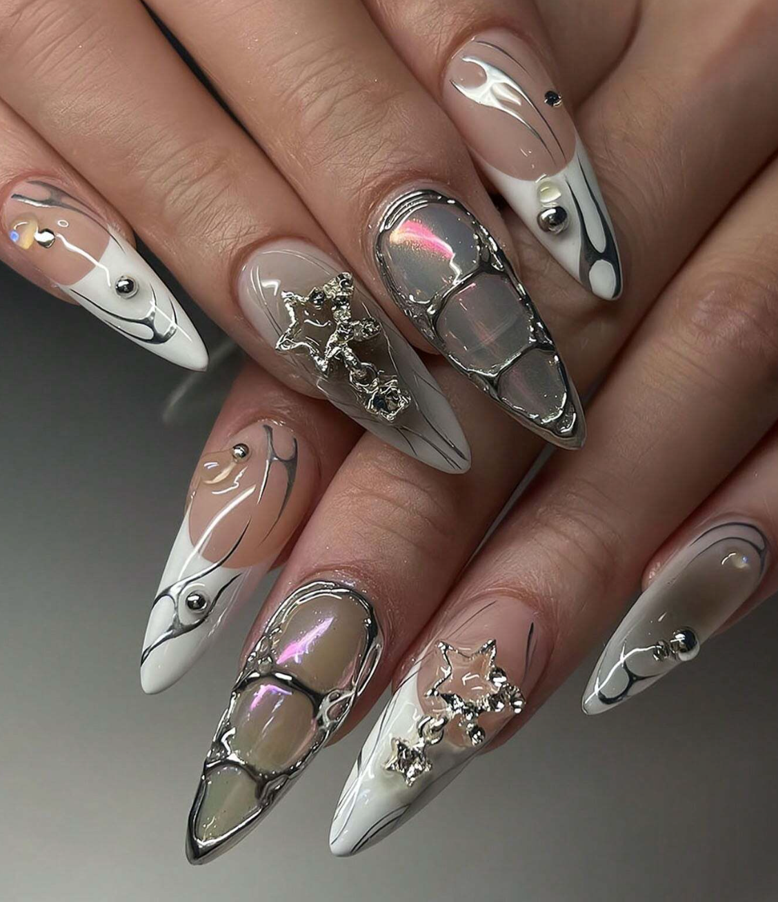 Y2K Silver Cross French Almond Press On Nails With Metal Line Crystal Design 24pcs Nail Box