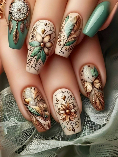 24PCS Long Ballerina Press On Nails Sunflower Butterfly Glossy Fake Nails Set