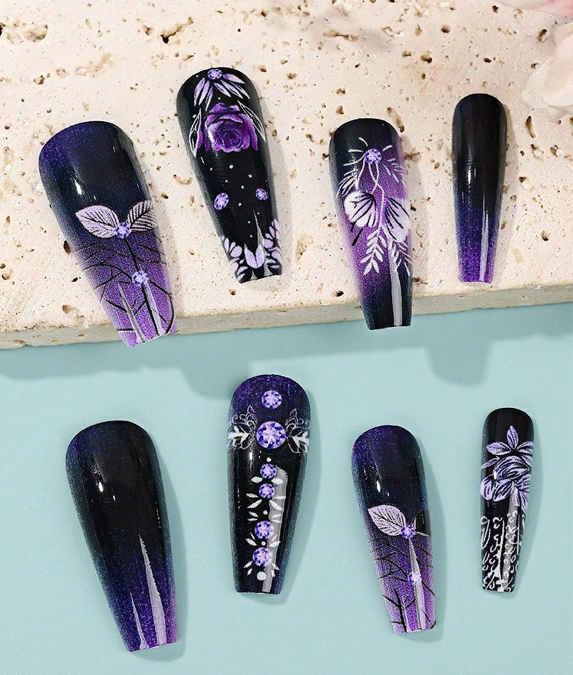 24PCS Long Ballerina Press On Nails Sunflower Butterfly Glossy Fake Nails Set