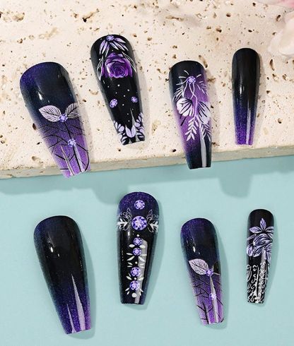 24PCS Long Ballerina Press On Nails Sunflower Butterfly Glossy Fake Nails Set