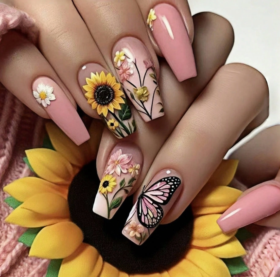 24PCS Long Ballerina Press On Nails Sunflower Butterfly Glossy Fake Nails Set