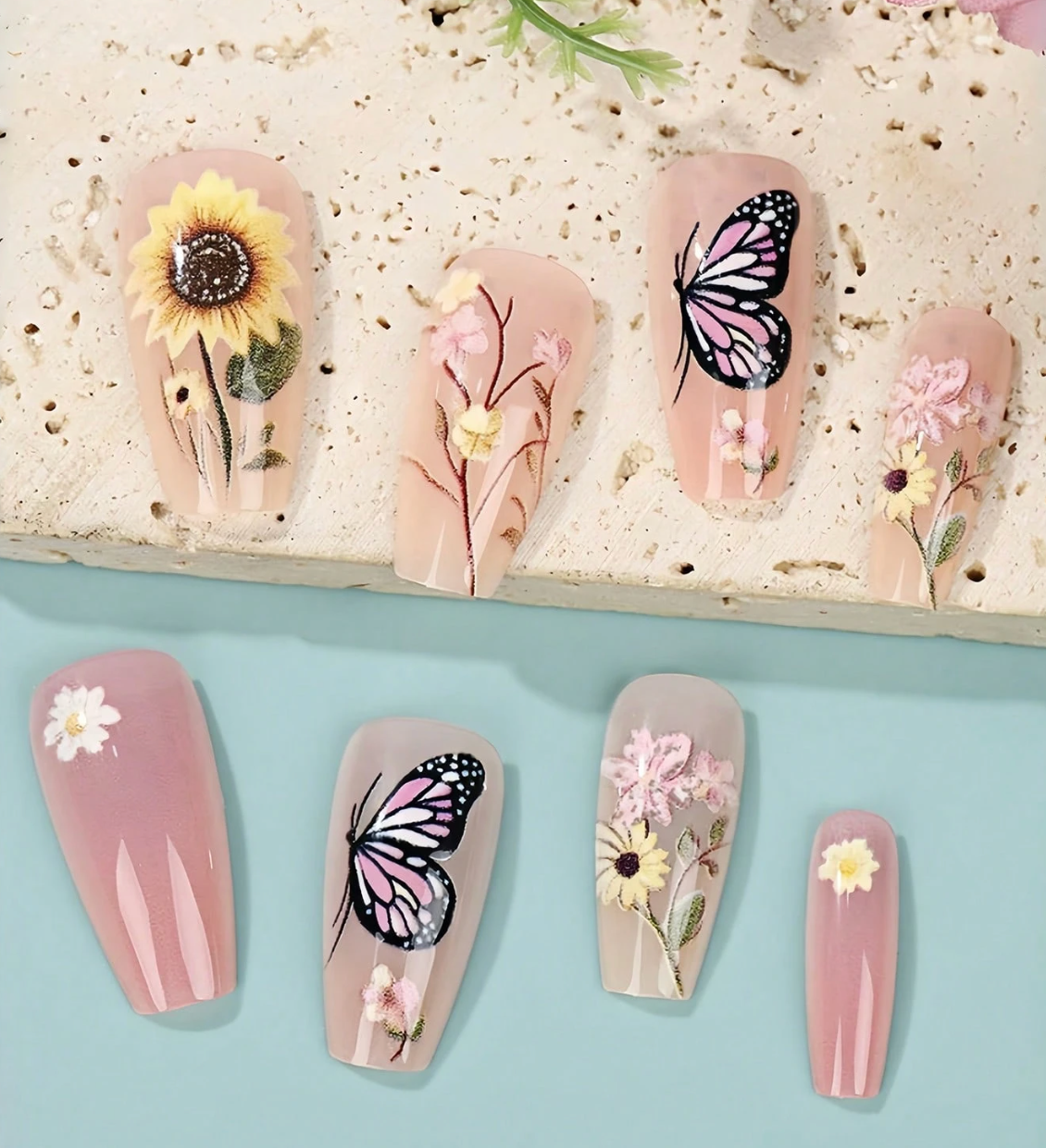 24PCS Long Ballerina Press On Nails Sunflower Butterfly Glossy Fake Nails Set