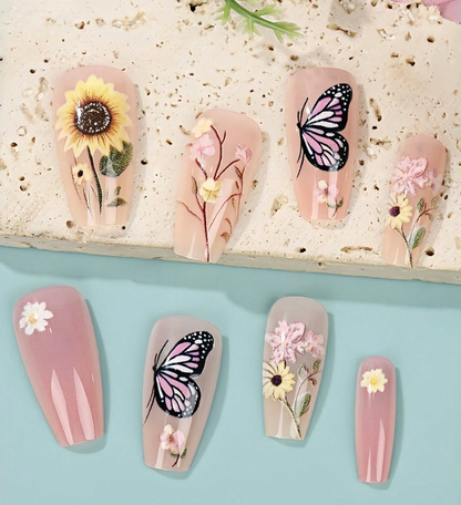 24PCS Long Ballerina Press On Nails Sunflower Butterfly Glossy Fake Nails Set