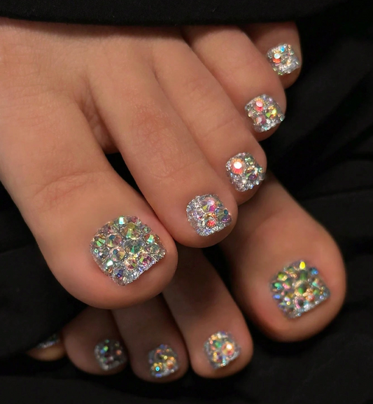 24PCS Square Press On Toenails with Crystal Rhinestones Summer Pedicure Fake Toe Nails Set